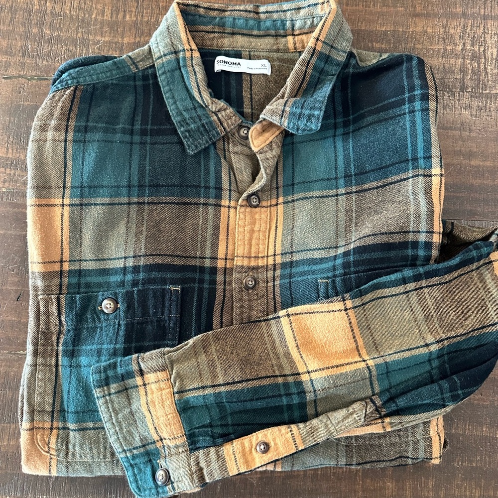 Sonoma Teal and Tan Plaid Shirt